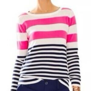 Lilly Pulitzer Gwyneth Stripe Sweater Pink Navy White Cotton Wool Blend Size L